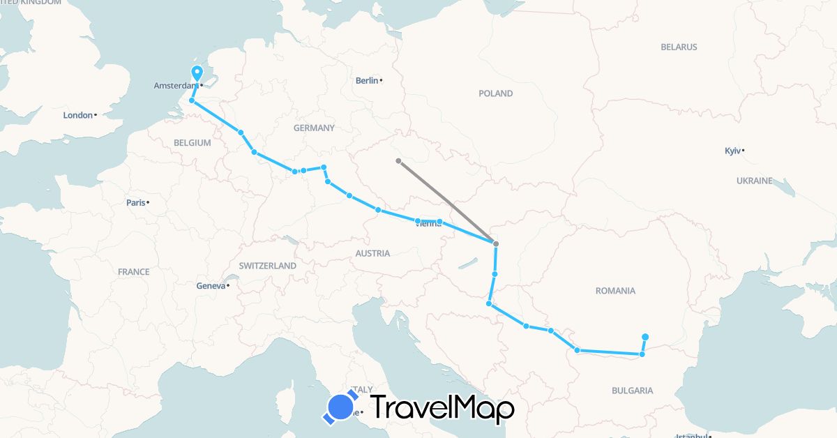 TravelMap itinerary: driving, plane, boat in Austria, Bulgaria, Czech Republic, Germany, Croatia, Hungary, Netherlands, Romania, Serbia (Europe)